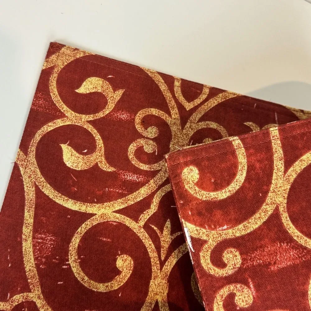4 Red Yellow Scroll Pattern Fabric Placemats